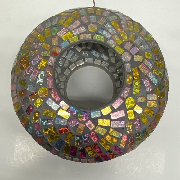 Mosaic Round Hanging Bird Feeder Fly Through Outdoors Pinks Yellow Blues - Picture 3 of 14